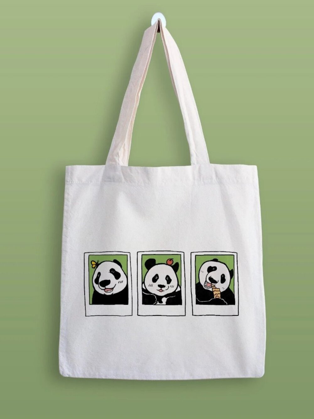 Cute Panda Canvas Tote Bag Beige Reusable Cotton Shopping Book Bag